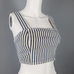 Zara Womens Denim Crop Top Size Small White Blue Striped Side Zip Bustier Tank